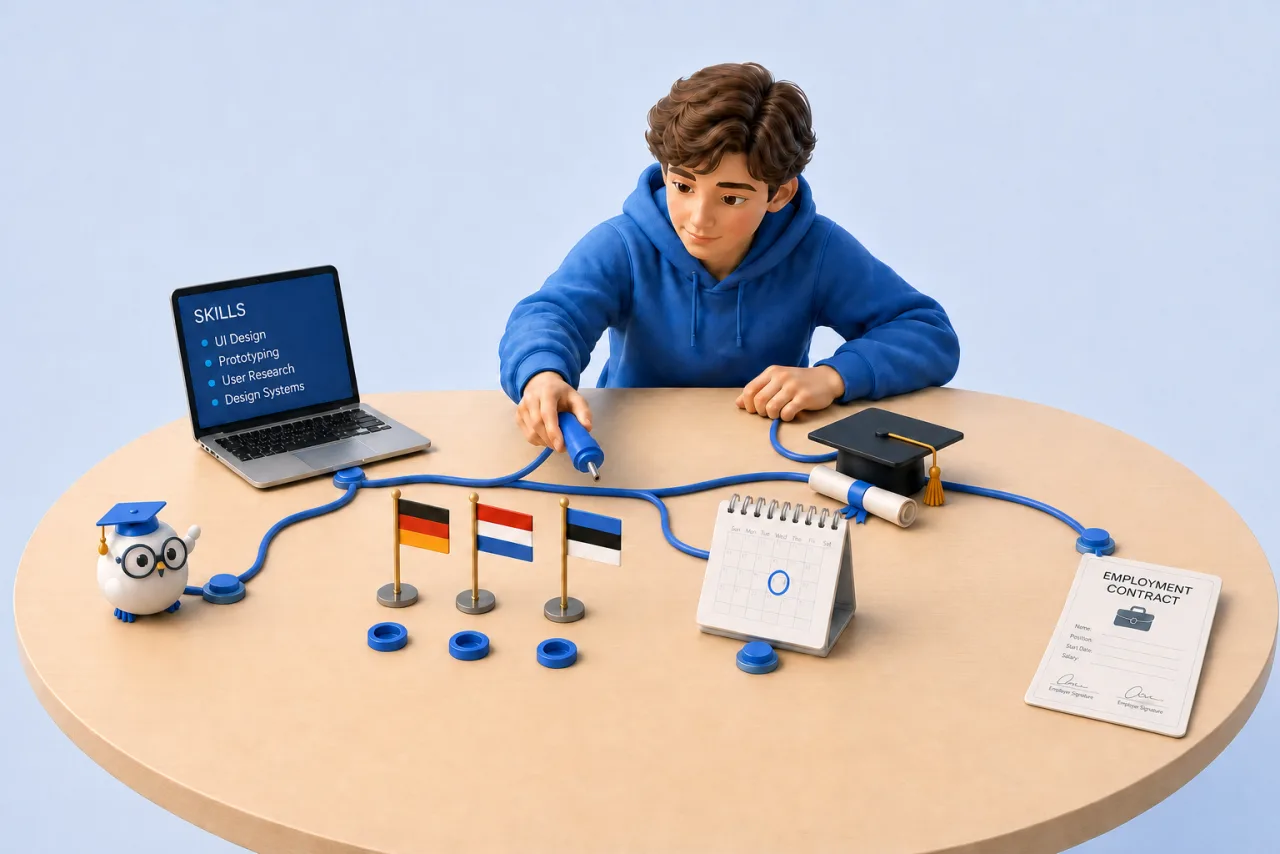 A student connecting interests, study choices, countries and a first job into one route